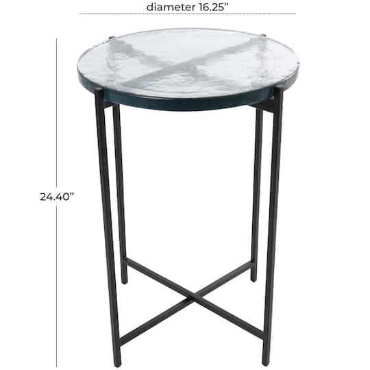 24" Metal X-Shaped Accent Table with Textured Glass Tabletop